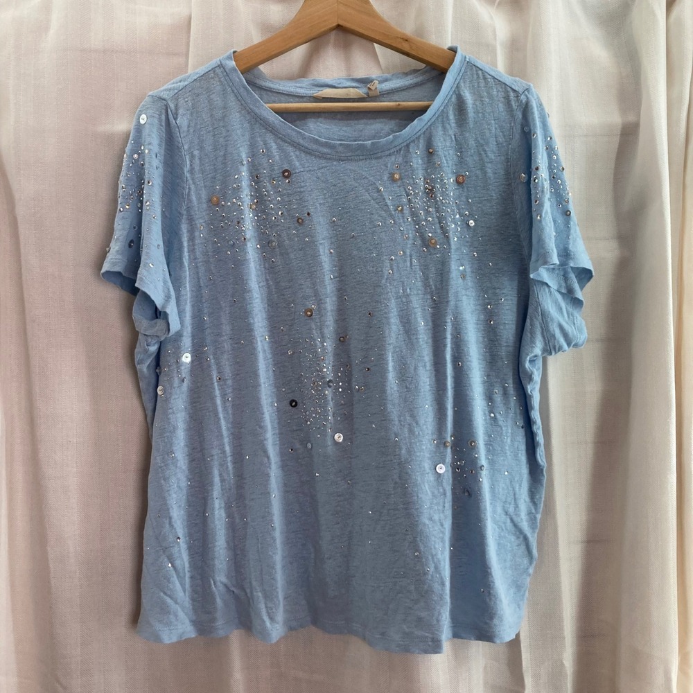 Surrounds Light Blue Sequin Embellished T Shirt Womens Size L Casual Top Linen